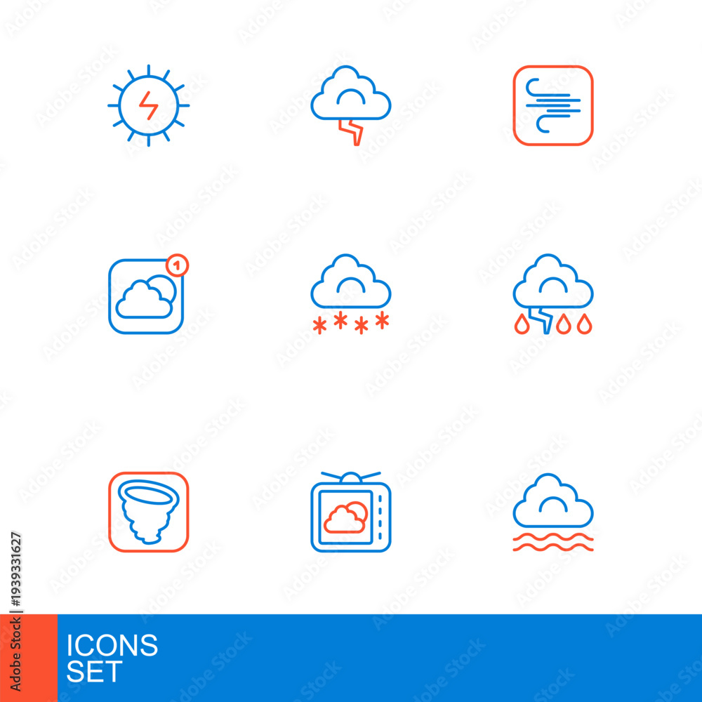 Fototapeta premium Set line Fog and cloud, Weather forecast, Tornado, Cloud lightning, app, with snow, Wind and icon. Vector