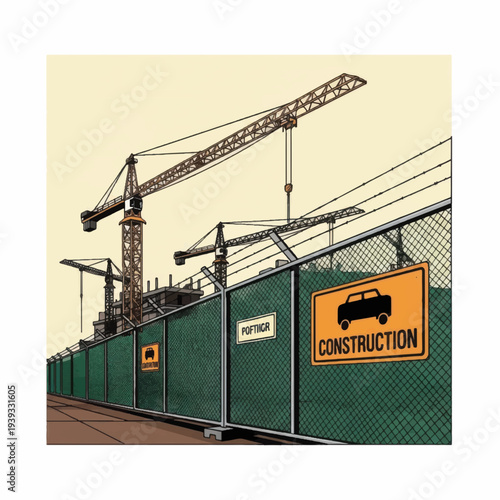 Construction Site Fencing with Crane and Signage.