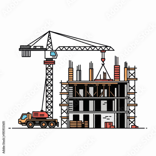 Construction Site with Crane and Building.