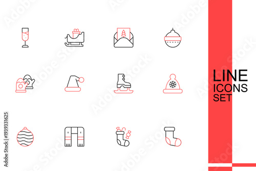 Set line Christmas stocking, Winter scarf, ball, Santa Claus hat, Skates, and mittens icon. Vector