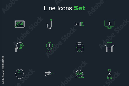 Set line Fisherman pants, Fishing hook, bucket with fish, Camping folding chair, Inflatable boat motor, and rod and icon. Vector