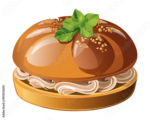 Glazed savory bun with cream filling for delicious snack and traditional appetizer option for any cafe or restaurant menu - Vector Illustration