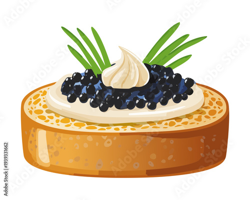 Round bun topped with dark caviar and cream garnish for sophisticated seafood snack and luxury appetizer menu for events - Vector Illustration