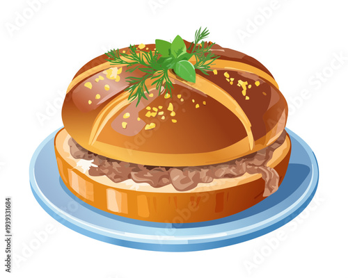 Sandwich bun with meat filling and herb garnish for delicious lunch snack and traditional savory appetizer for any cafe - Vector Illustration