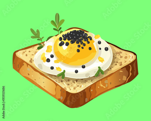 Toast topped with fried egg and dark caviar for luxury breakfast snack and sophisticated appetizer menu for events - Vector Illustration