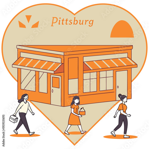 Pittsburg City Life Illustration with People Walking by Local Shop in Heart Shape