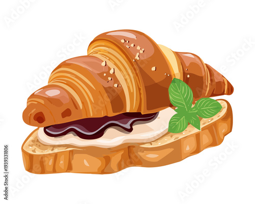 Fresh croissant with fruit topping and herb garnish for healthy breakfast snack and delicious bakery treat option for cafes - Vector Illustration