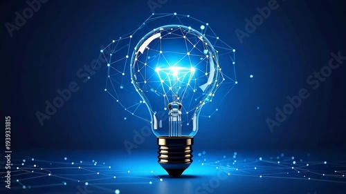 Glowing light bulb with digital neural network connections on a dark blue background representing innovation and technology