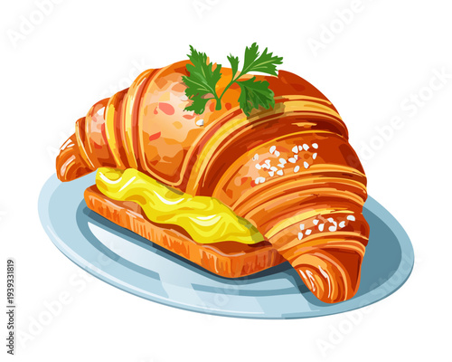 Savory croissant with meat filling and herb garnish for delicious breakfast snack and traditional appetizer option for any cafe - Vector Illustration