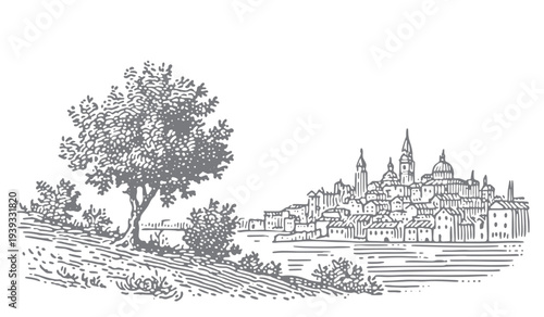 Vintage illustration of a European coastal town with a tree in the foreground.