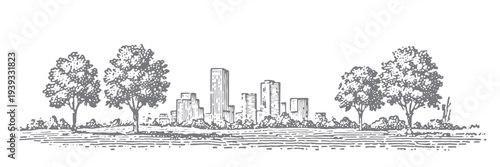 Pen and ink drawing of a city skyline with trees and a grassy foreground.