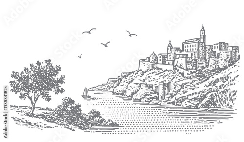 Vintage illustration of a coastal town perched on a cliff overlooking the sea with a sailboat