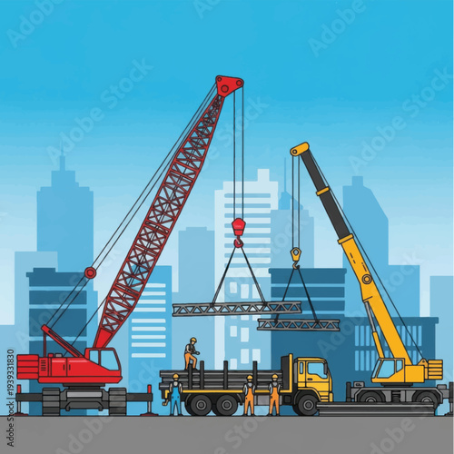 Cranes Lifting Heavy Load on Trucks.