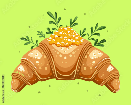 Croissant topped with orange caviar and herb garnish for luxury seafood breakfast and sophisticated appetizer menu for events tray - Vector Illustration