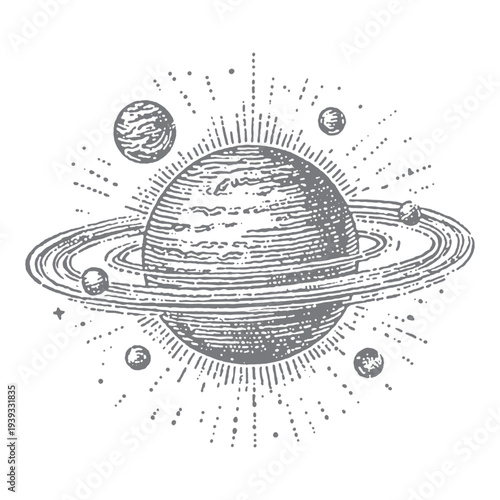 Vintage illustration of a ringed planet with moons and radiating light bursts.