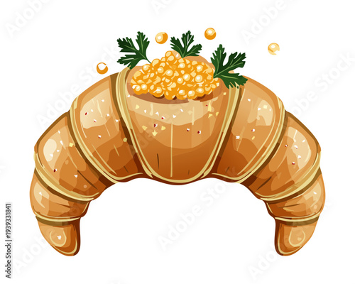 Savory croissant filled with cream and topped with fish roe and herbs for elegant seafood breakfast and snack - Vector Illustration
