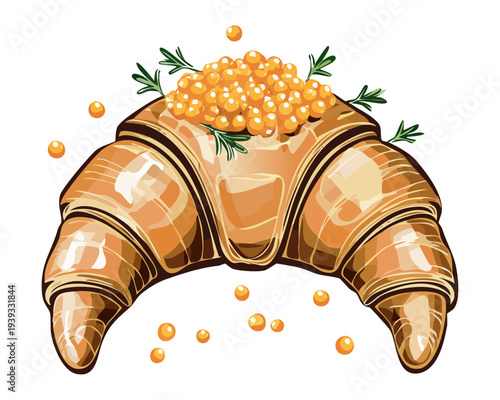 Golden flaky croissant topped with gold leaf and caviar for luxury breakfast and high end catering menu design - Vector Illustration