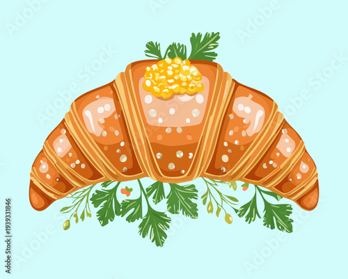 Fresh croissant garnished with orange caviar and green herbs for sophisticated brunch and bakery shop advertisement posters - Vector Illustration