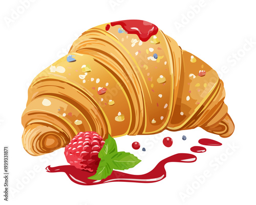 Sweet croissant with strawberry filling and red berry sauce for indulgent morning treat and dessert menu for cafes - Vector Illustration