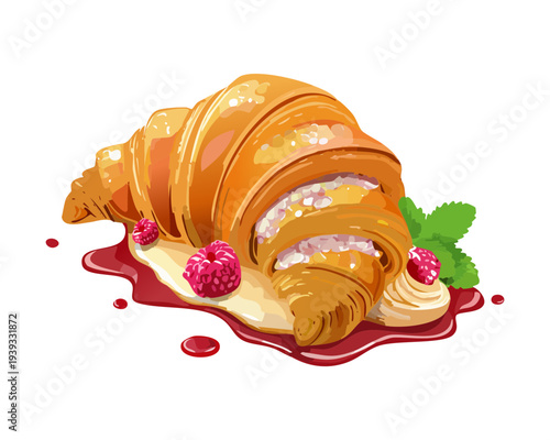 Delicious croissant with fruit filling and fresh mint garnish for refreshing sweet breakfast and bakery shop menu cards - Vector Illustration