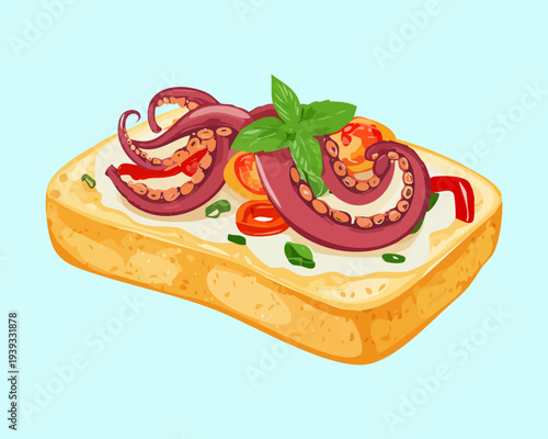 Savory toast with octopus slices and tomato garnish for gourmet mediterranean snack and creative seafood appetizer for restaurants - Vector Illustration