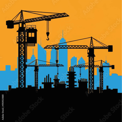 Cranes Silhouetted Against City Skyline Illustration.