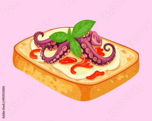 Toasted bread with octopus topping and green herb garnish for exotic seafood snack and mediterranean style catering menu - Vector Illustration