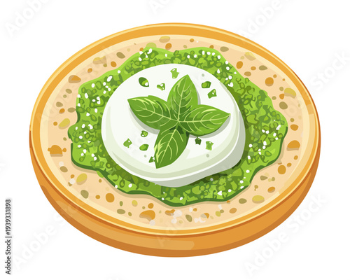Round toast with green pesto spread and fresh herb garnish for healthy vegetarian appetizer and mediterranean snack menu - Vector Illustration