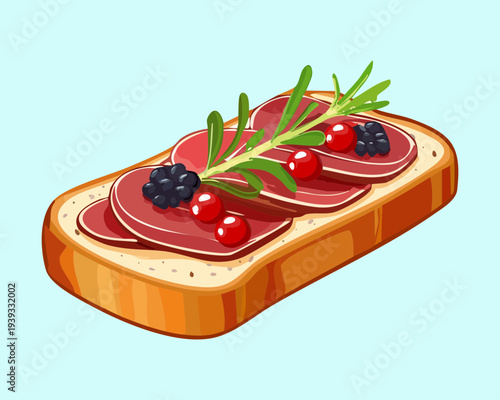 Toast slice with meat and berry garnish for creative savory snack and unique appetizer menu design for catering events - Vector Illustration