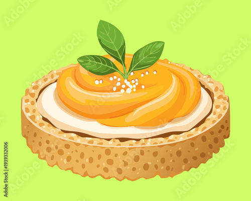Round toast with orange spread and herb garnish for creative healthy snack and colorful breakfast menu design projects ideas - Vector Illustration