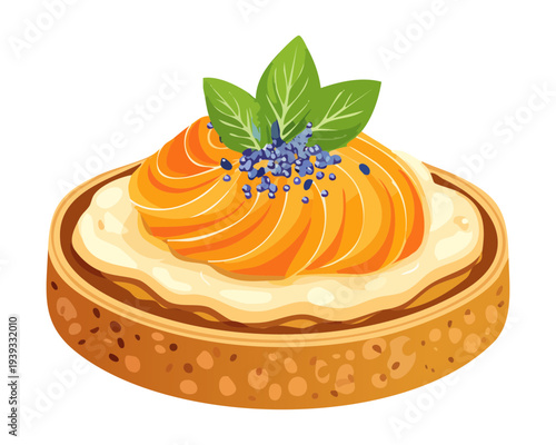 Round toast with orange spread and herb garnish for creative savory appetizer and colorful snack menu design for restaurants - Vector Illustration