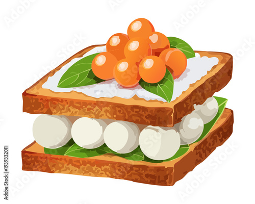 Double layer sandwich with meat and cream filling for hearty savory snack and traditional lunch option for any cafe - Vector Illustration