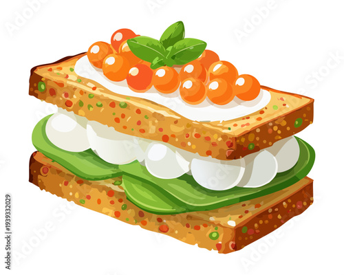 Double layer sandwich with meat and vegetable filling for hearty savory snack and traditional lunch option for any cafe - Vector Illustration