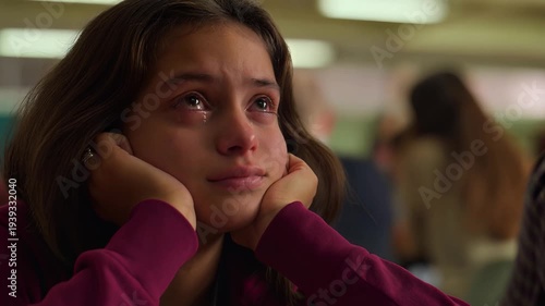 Young girl with a concerned expression in a school cafeteria setting.