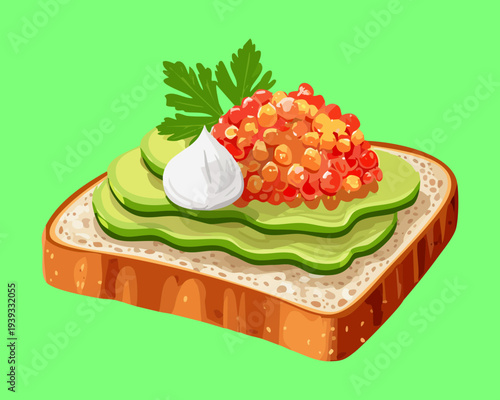 Toast topped with orange caviar and cream for luxury seafood appetizer and high end catering food presentation ideas tray - Vector Illustration