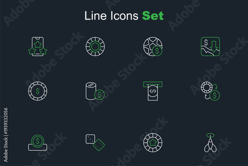 Set line Dart arrow, Casino chips, Game dice, Coin money with dollar, exchange, Automated teller machine and, and icon. Vector