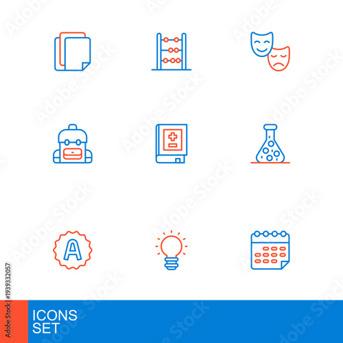 Set line School timetable, Creative lamp light idea, Exam sheet with A plus grade, Test tube, backpack, Book mathematics, Comedy and tragedy masks and Abacus icon. Vector