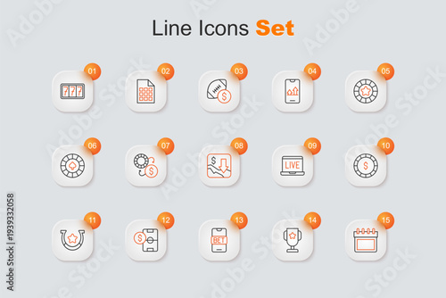 Set line Calendar, Casino poker trophy cup, Online sports betting, Football money, Horseshoe, chip with dollar, table game and Financial growth decrease icon. Vector