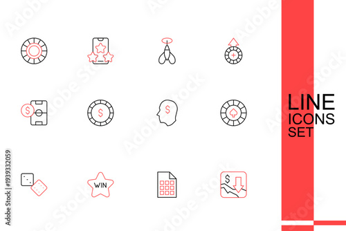 Set line Financial growth decrease, Lottery ticket, Casino win, Game dice, chips, Lucky player, with dollar and Football betting money icon. Vector