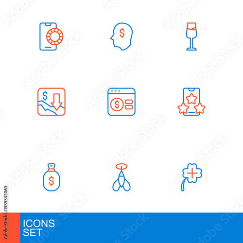 Set line Casino slot machine with clover, Dart arrow, Money bag, Online sports betting, Financial growth decrease, poker table game, Wine glass and Lucky player icon. Vector