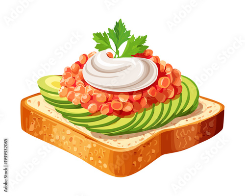 Toast slice with seafood topping and herb garnish for delicious seafood snack and traditional appetizer for any catering event - Vector Illustration