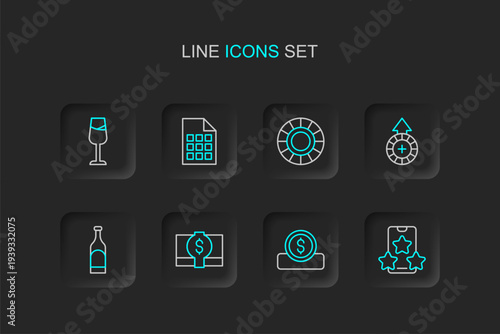 Set line Online sports betting, Coin money with dollar, Stacks paper cash, Bottle of wine, Casino chips, Lottery ticket and Wine glass icon. Vector