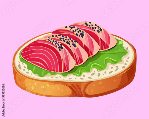 Toast topped with fish slices and herb garnish for healthy seafood breakfast and elegant snack menu design for catering - Vector Illustration