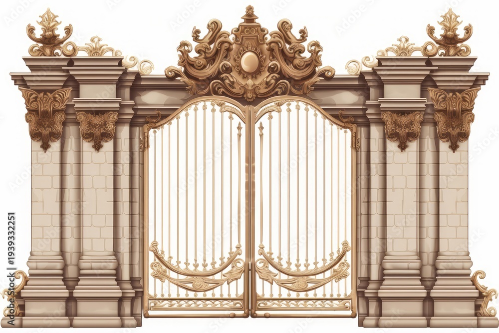 Fototapeta premium Elegant decorative entrance gate featuring detailed golden metalwork and stone columns