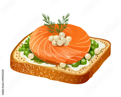 Toast topped with smoked salmon and herb garnish for healthy seafood breakfast and elegant snack menu design for catering - Vector Illustration
