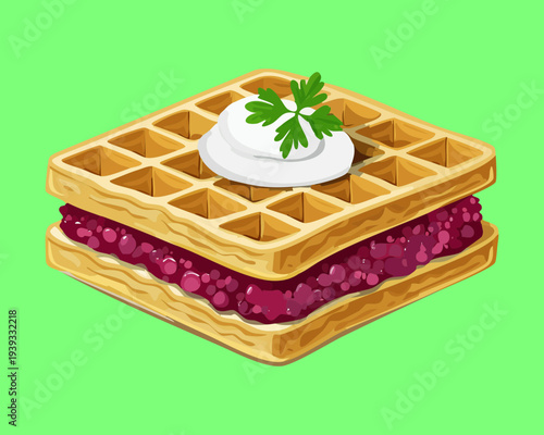 Toasted waffle with berry jam and white cream for sweet breakfast and delicious dessert menu design projects for cafes - Vector Illustration