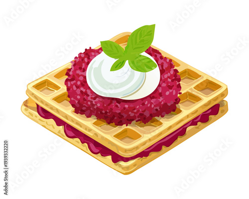 Toasted waffle with white cream and herb garnish for simple sweet breakfast and tasty snack option for any cafe - Vector Illustration