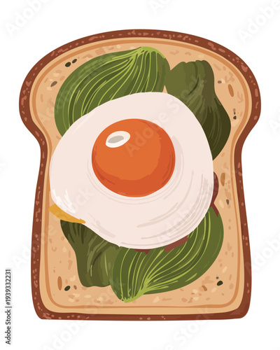 Bread slice with green spread and fried egg for healthy savory breakfast and traditional snack option for any meal - Vector Illustration