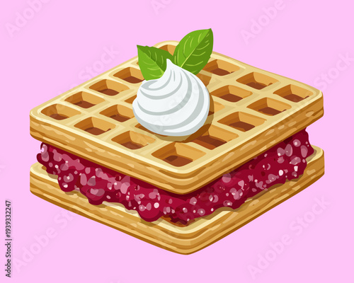 Toasted waffle with berry jam and white cream topping for delicious sweet breakfast and tasty snack menu for cafes - Vector Illustration