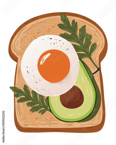 Bread slice with green spread and fried egg for healthy savory breakfast and traditional snack option for any cafe - Vector Illustration